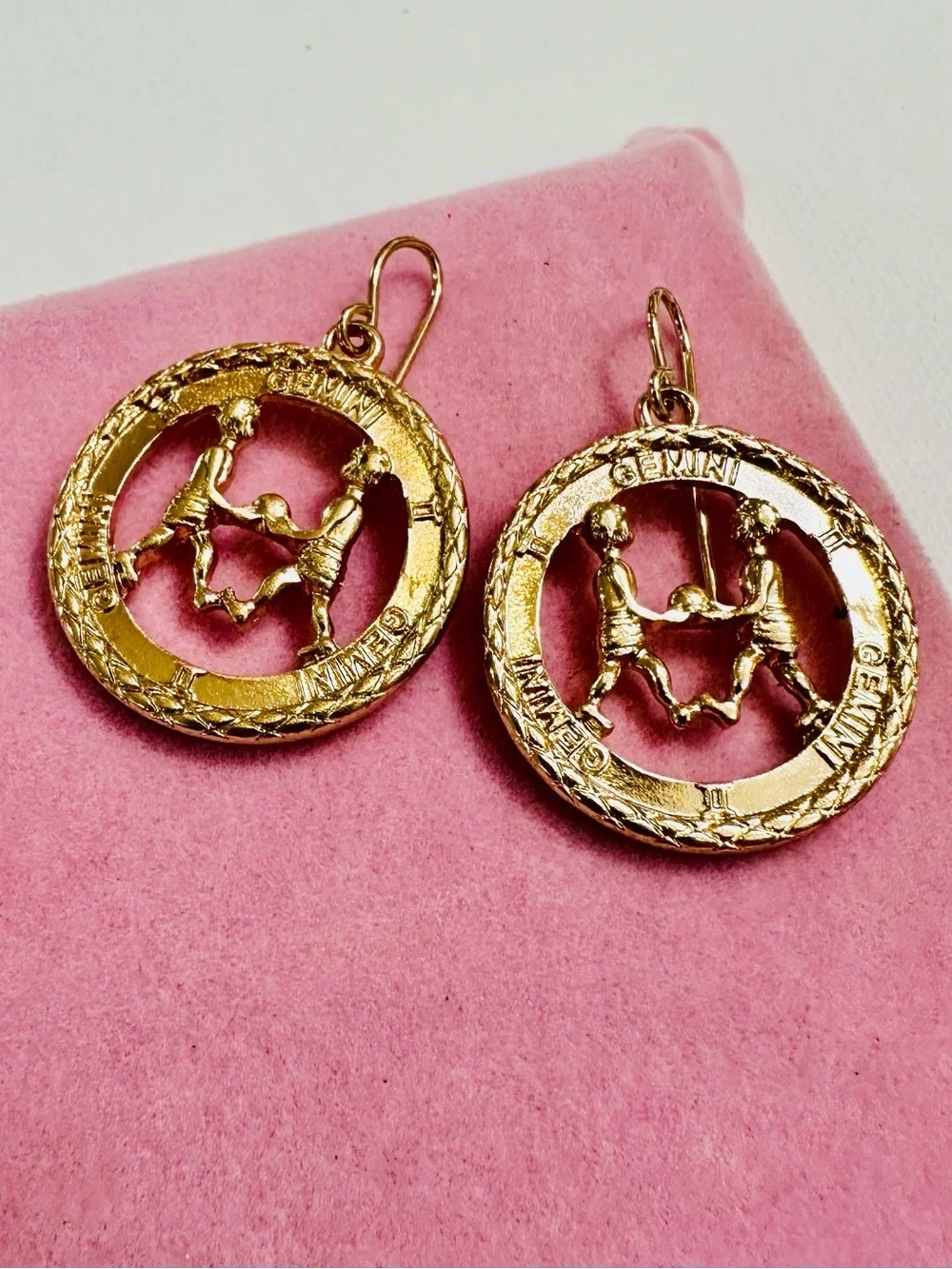 Gold Tone Gemini Zodiac Coin Drop Earrings